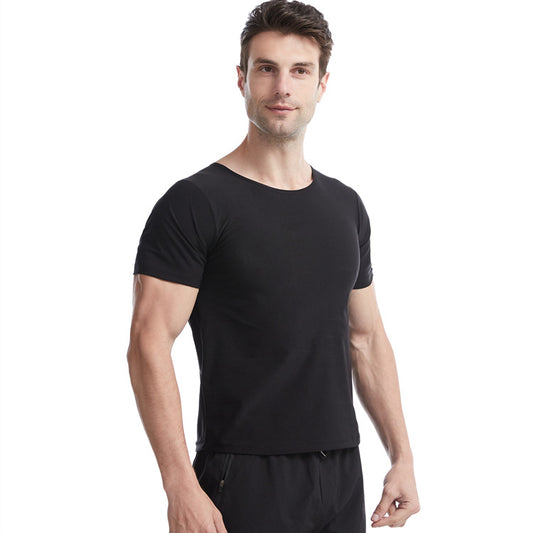Men's shapewear all-inclusive silver coated short-sleeved black round neck yoga sauna suit