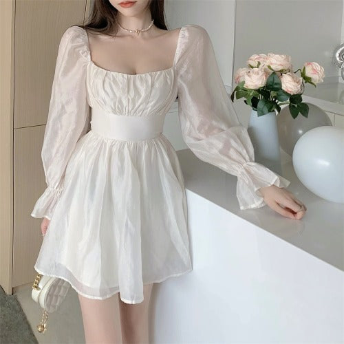 French court light familiar style ladies temperament square collar bubble long sleeves careful machine lace high waist slim dress