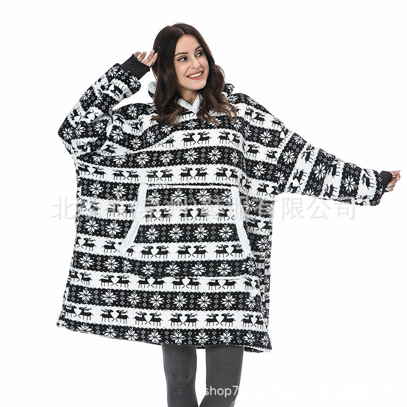 Cross-border Christmas fawn zebra leopard print hooded pullover sweater pajamas printed flannel nightgown female TV lazy blanket