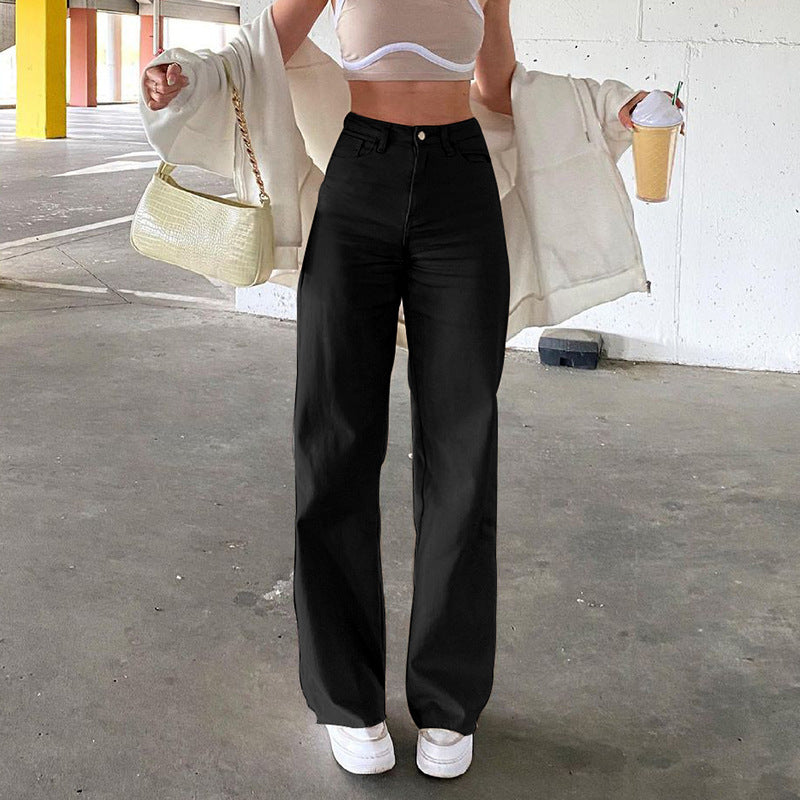 European and American style solid color jeans women drape loose and thin high-waist straight-leg pants women casual trousers