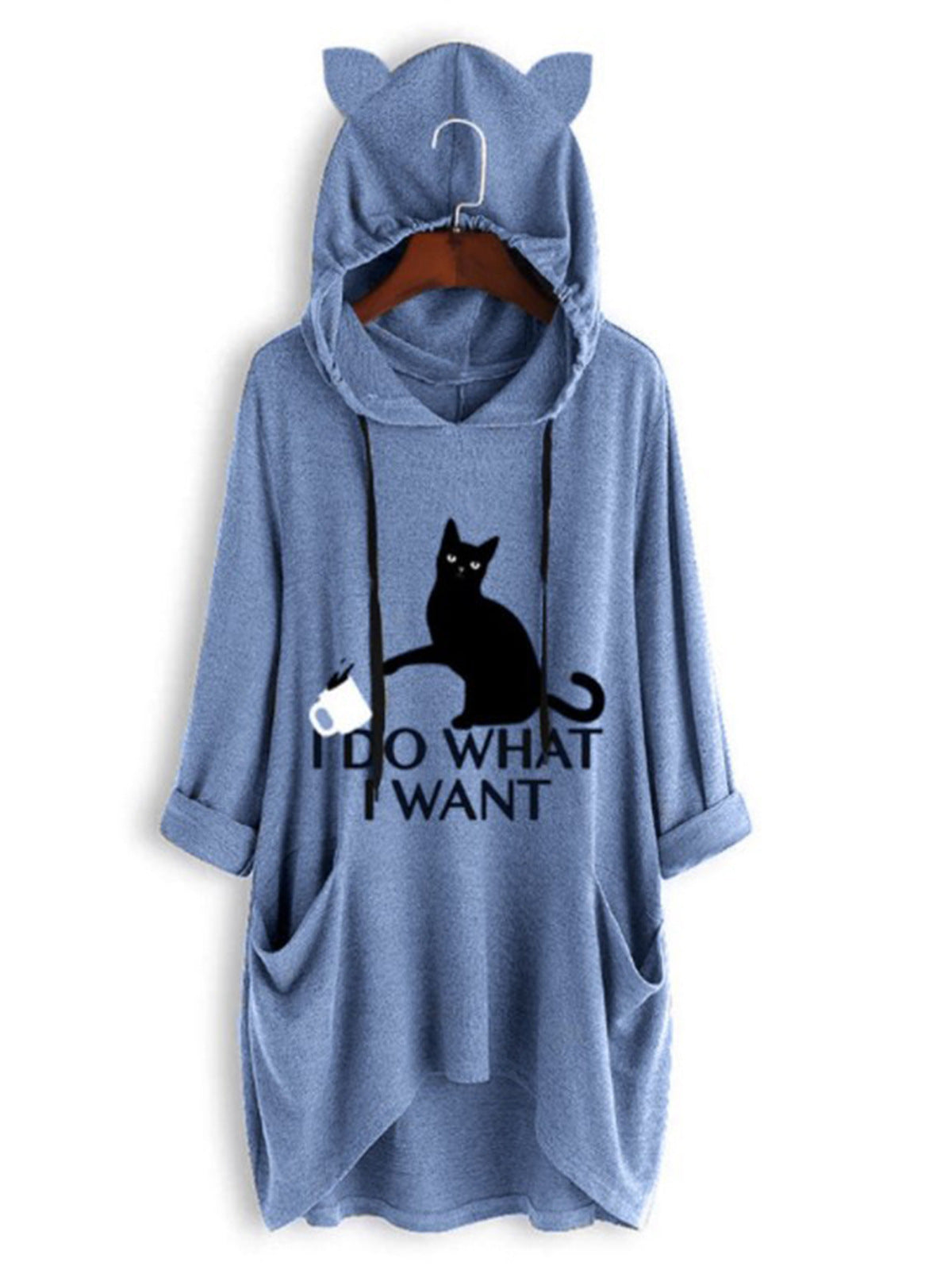 European and American new loose large size hooded sweater long-sleeved casual hedging irregular cat print