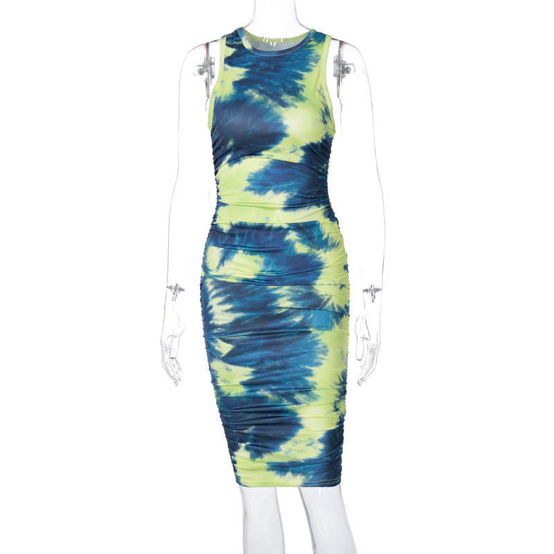 Europe and the United States sexy sleeveless round neck fashion printing mid-length skirt slim dress