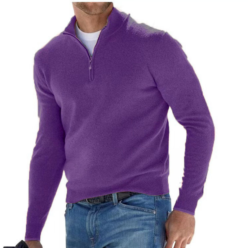 European and American long-sleeved V-neck cashmere zipper men's casual top polo shirt