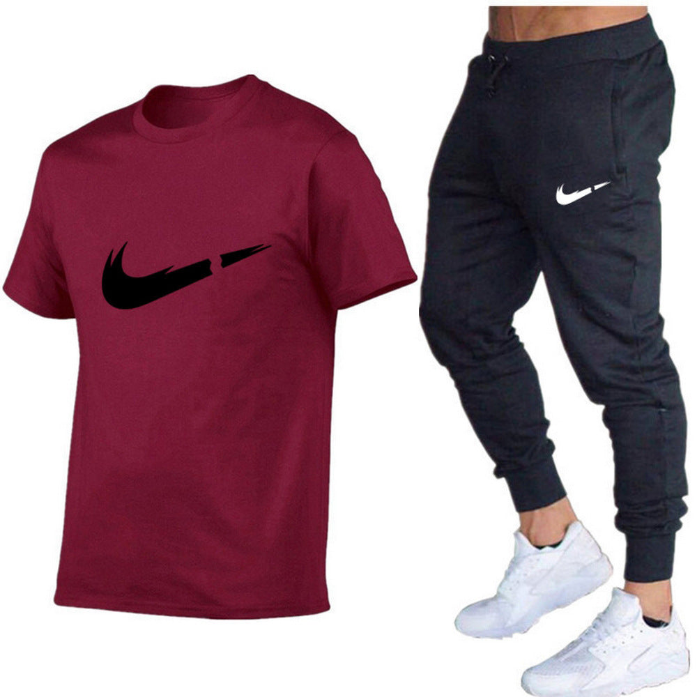 European and American men's running casual short-sleeved T-shirt + sports trousers two-piece jogging suit