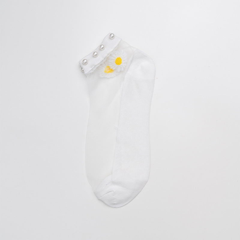 Pearl socks small daisy socks female socks thin shallow mouth crystal boat socks glass stockings