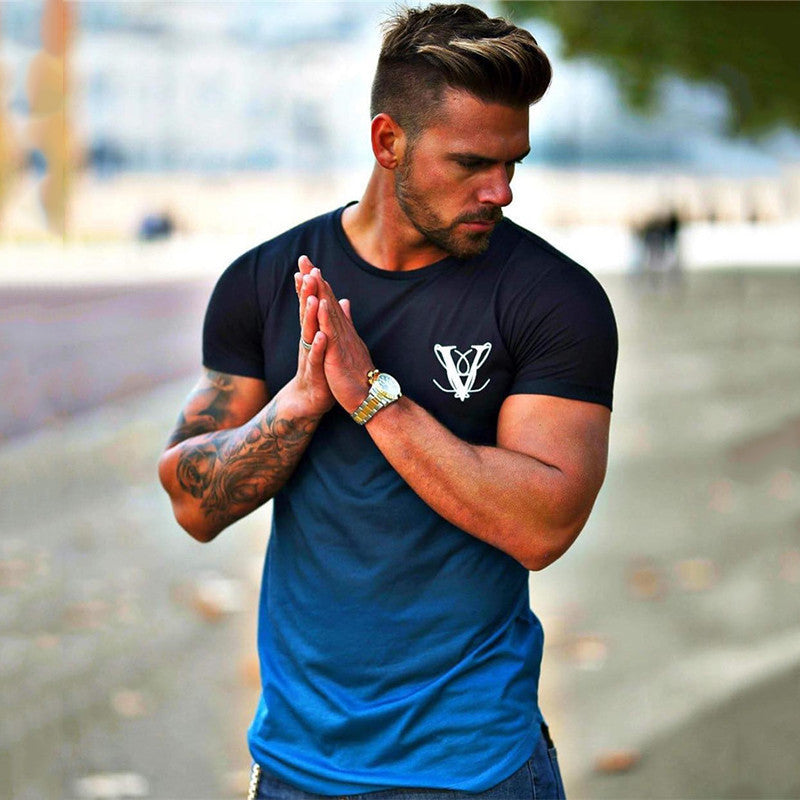 Summer new muscle fitness T-shirt men outdoor leisure fitness running quick-drying sweat-absorbent short-sleeved slim fit