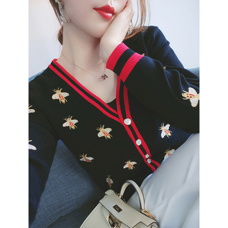 European and American knitted sweater heavy industry embroidery V-neck sweater cardigan jacket temperament outerwear top