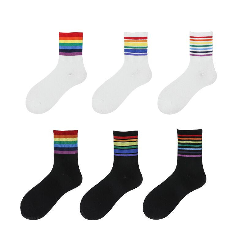 Socks female spring rainbow socks ladies simple medium tube cotton socks fresh striped cotton stockings