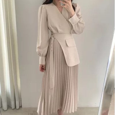 South Korea early spring new simple temperament V-neck waist slimming long-sleeved pleated dress