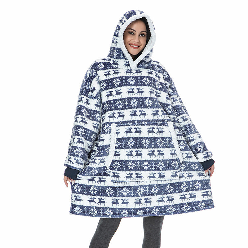 Cross-border Christmas fawn zebra leopard print hooded pullover sweater pajamas printed flannel nightgown female TV lazy blanket