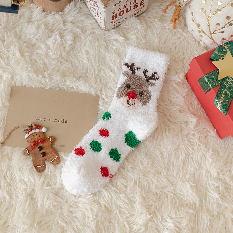 Cartoon deer medium tube Christmas socks cute gingerbread man thickened coral fleece wild warm sleep socks