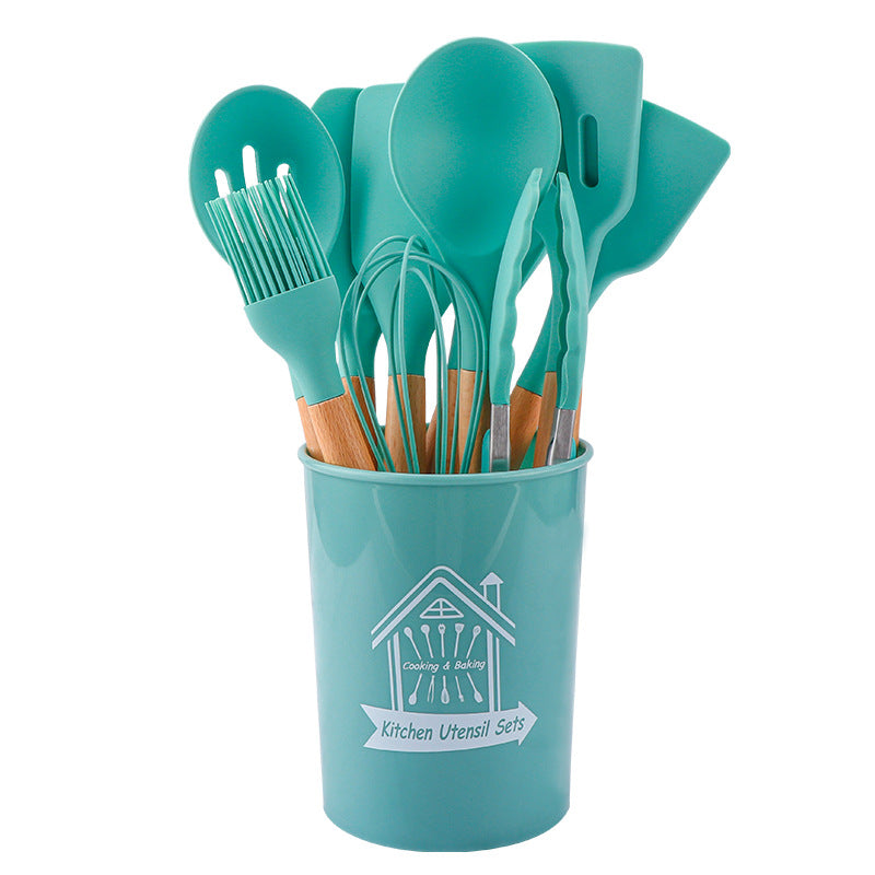 Storage barreled wooden handle silicone kitchen utensils 11 sets of silicone kitchen utensils set non-stick pot spatula spoon set