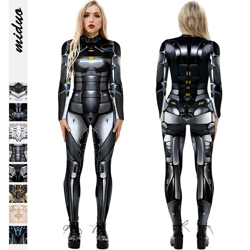 Halloween new hot selling machine armor 3D digital printing slim fit long-sleeved cos jumpsuit