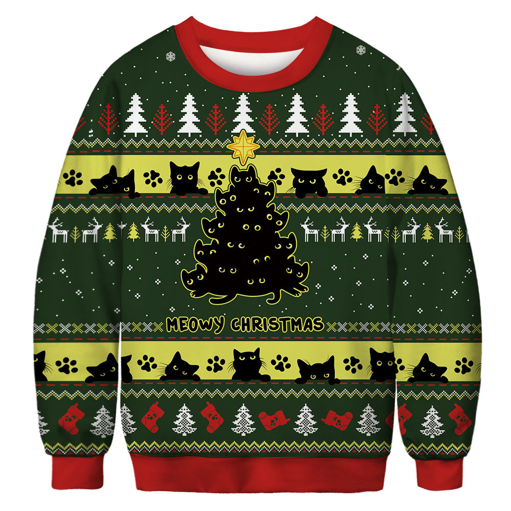 New Christmas cat digital printing couple autumn long-sleeved round neck sweater loose pullover