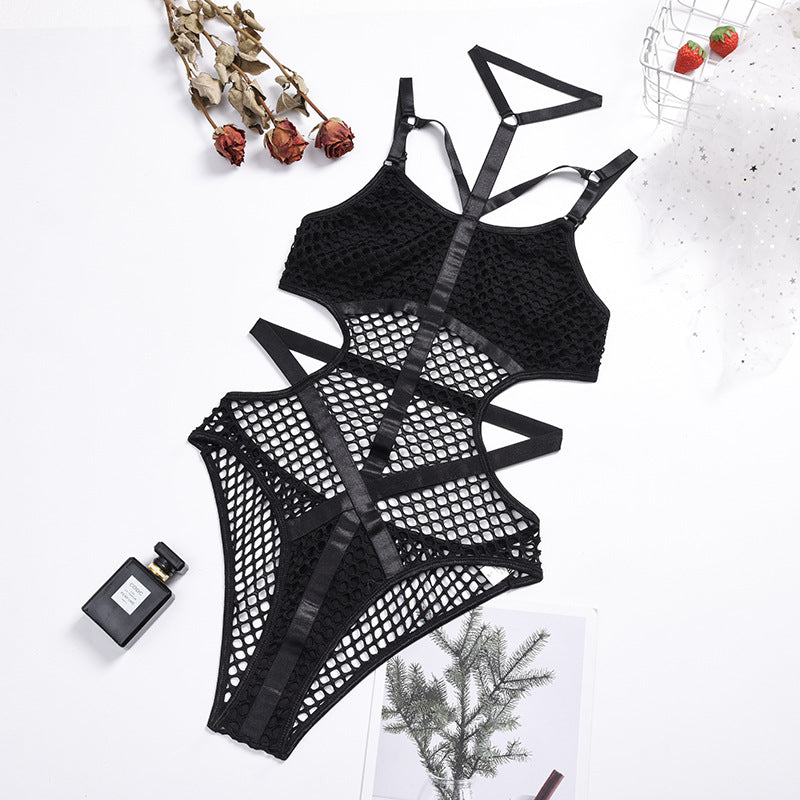 Hot style hanging neck sexy underwear one-piece suit spring and summer large mesh stitching heavy crafts