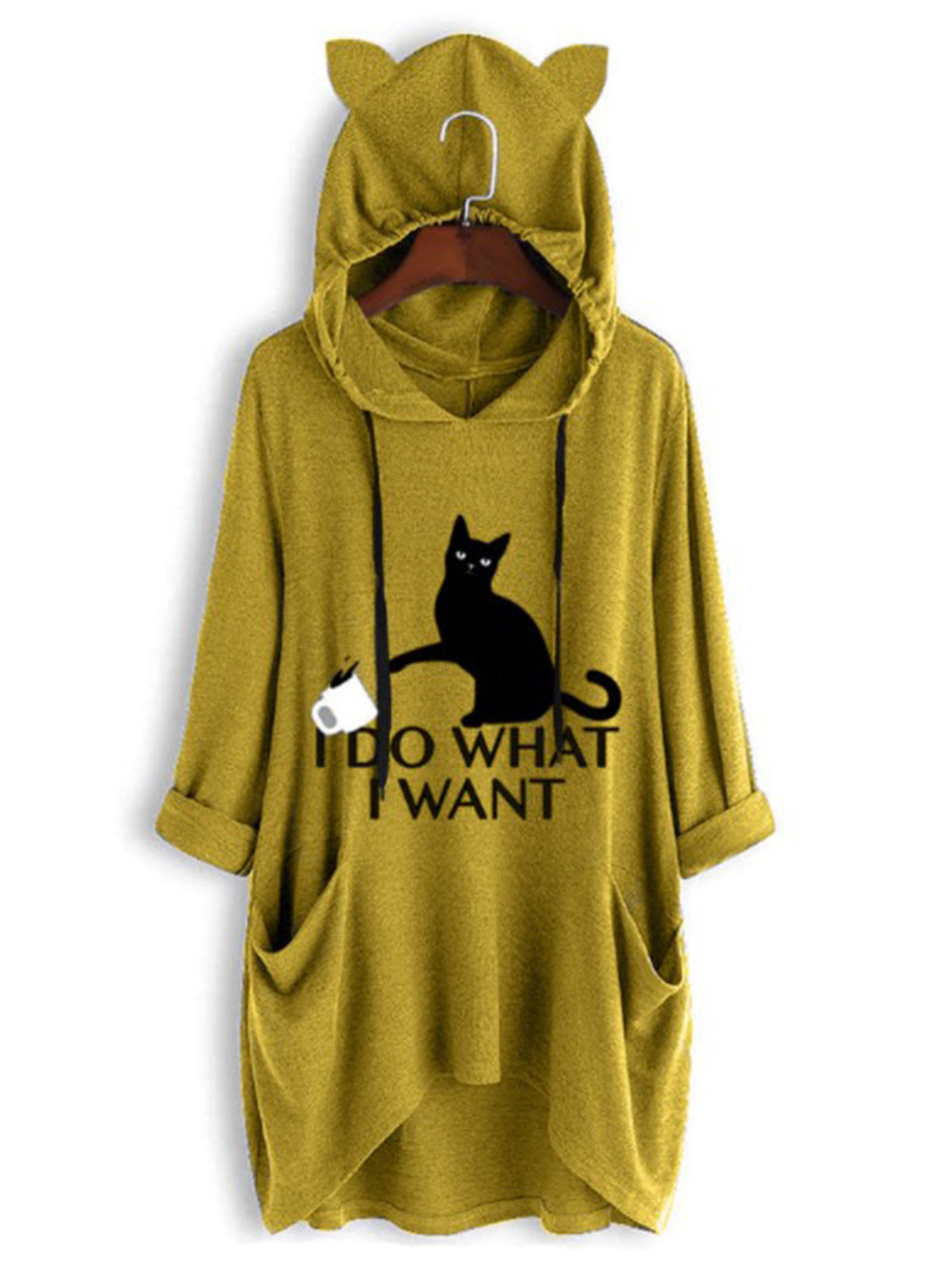 European and American new loose large size hooded sweater long-sleeved casual hedging irregular cat print