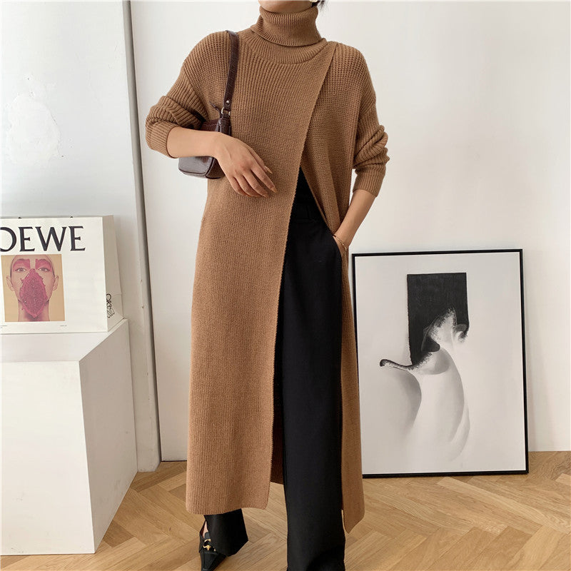 European and American goddess fan long knitted turtleneck sweater long skirt pullover bottoming with slit inside