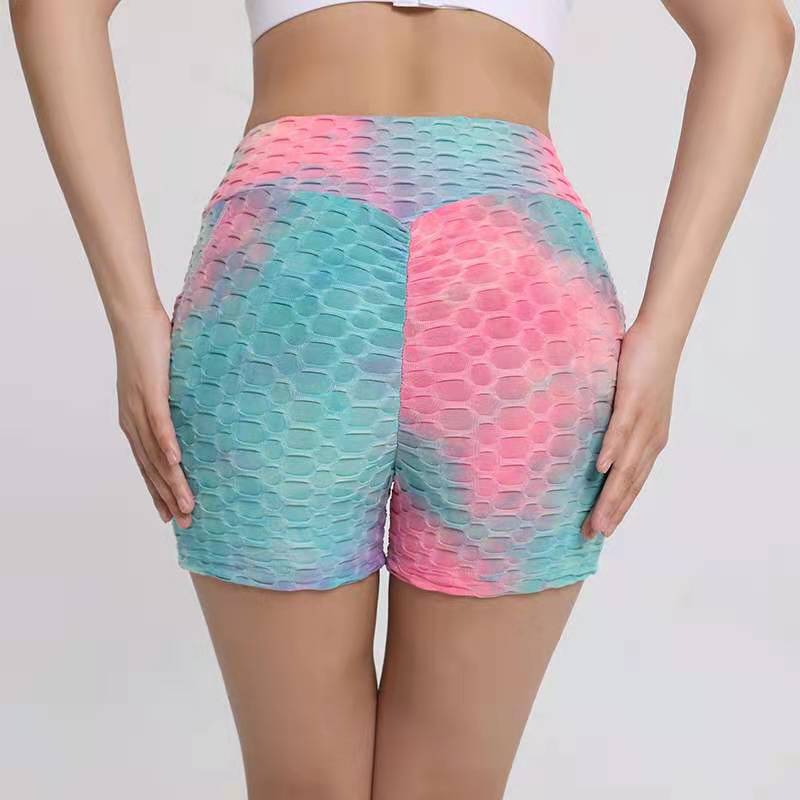 Tie-dye bubble jacquard high-waist hip-lifting fitness sports bottoming female pocket yoga shorts