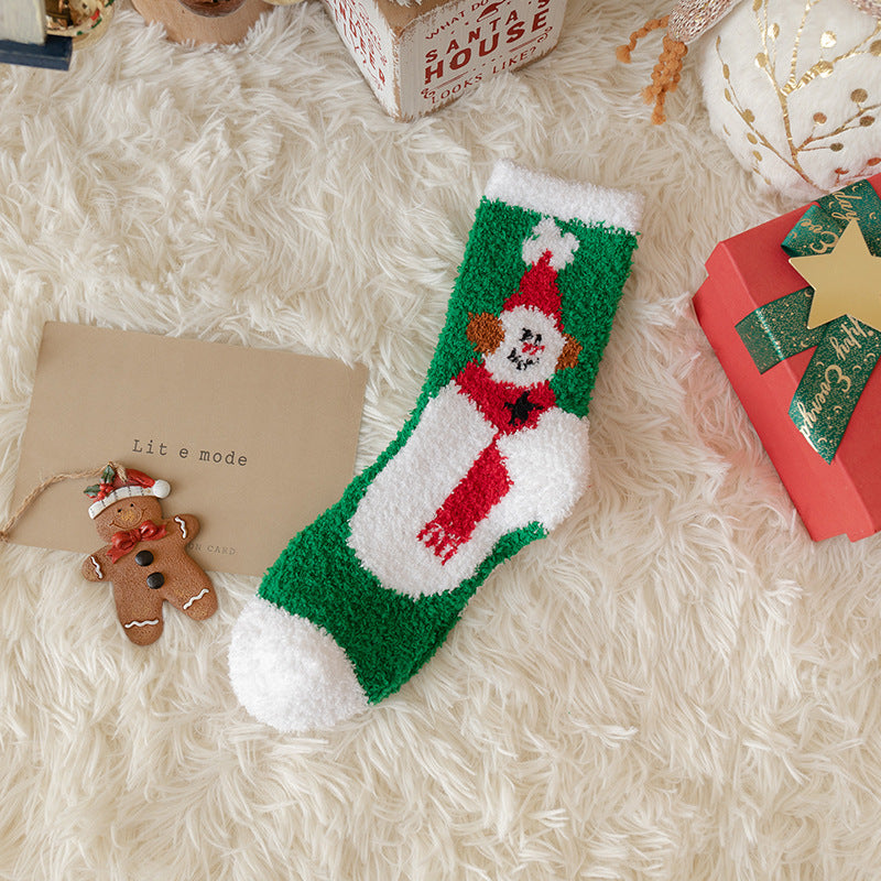 Cartoon deer medium tube Christmas socks cute gingerbread man thickened coral fleece wild warm sleep socks