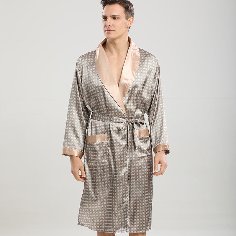 Cross-border men's one-piece artificial silk nightgown Spring and summer thin long-sleeved bathrobe Men's striped bathrobe