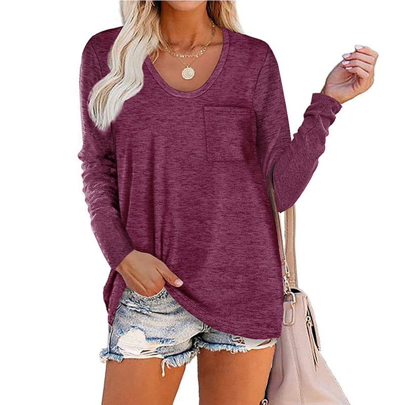 European and American cross-border round neck striped pocket casual long-sleeved loose top T-shirt