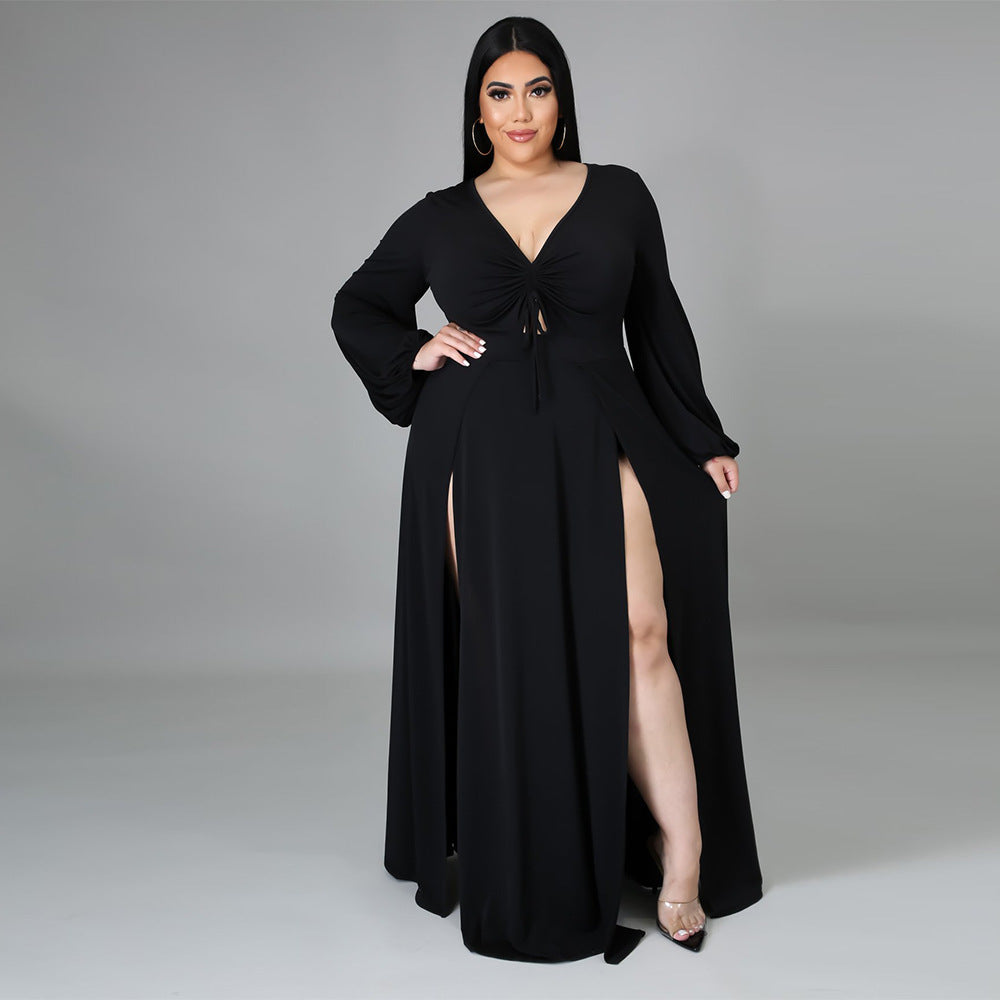 European and American fashion sexy V-neck solid color plus size dress