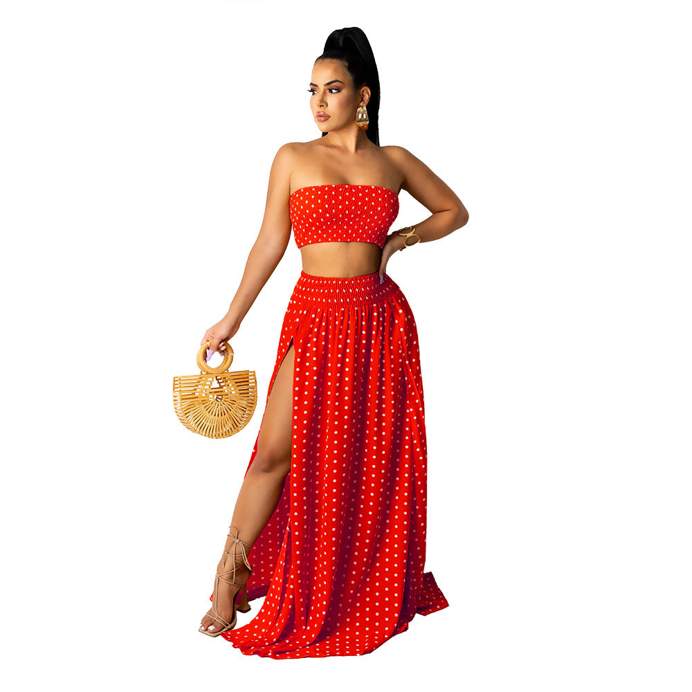 European and American sexy women's polka dot tube top print ladies slim long skirt set