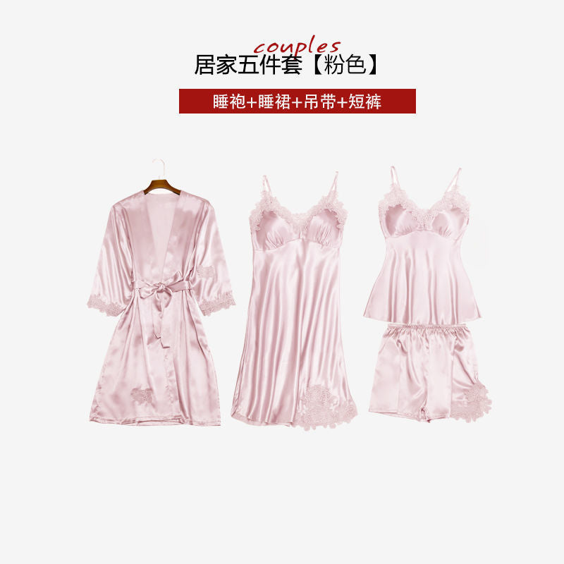 lce silk pajamas with chest pad long-sleeved five-piece suit real silk summer sling sexy nightdress home service