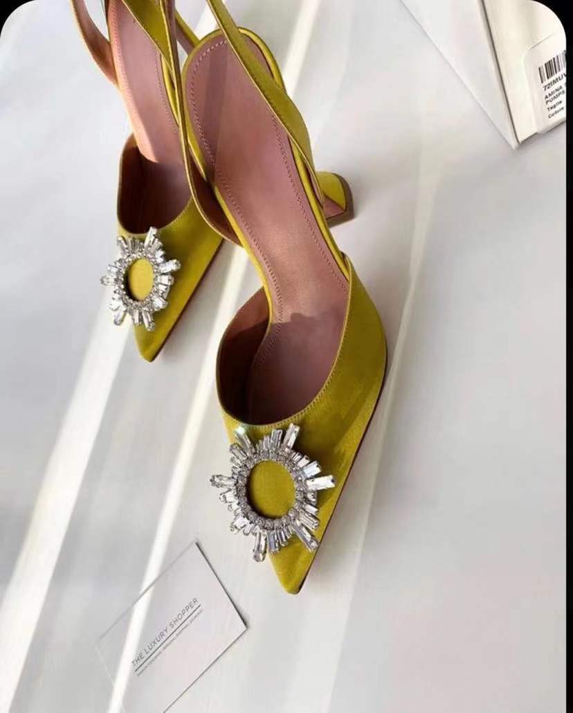 Solid Color Pointed Toe Ladies Sandals New Sun Buckle Rhinestone High Heels Baotou Women's Shoes