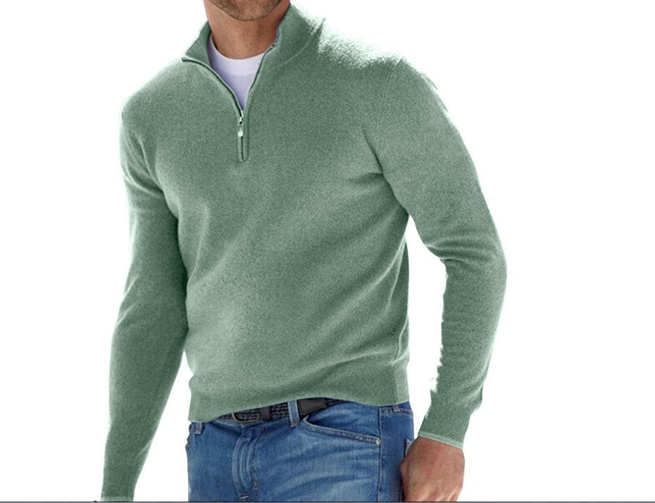 European and American long-sleeved V-neck cashmere zipper men's casual top polo shirt