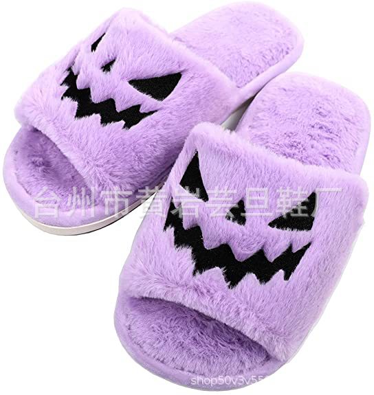 Slippers Women's Halloween Pumpkin Lantern Slippers Soft Plush Comfort Open Toe Outer Wear Plush Slippers