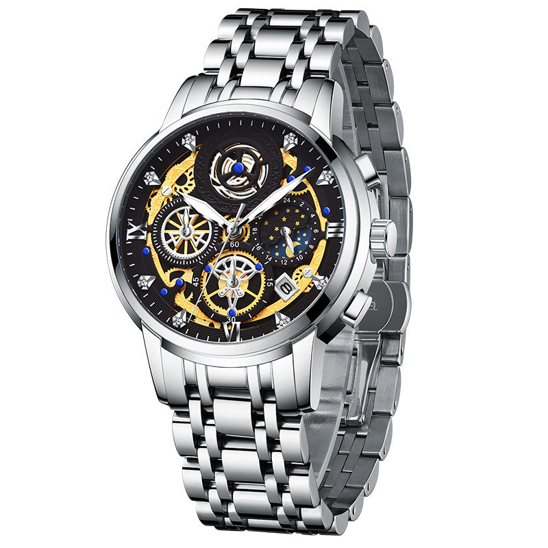 Popular watch men's stainless steel multi-function quartz watch non-mechanical watch watch hollow carved men's watch