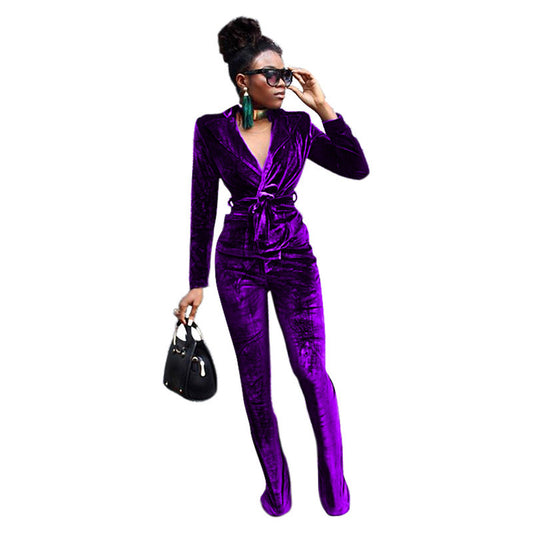 European and American women's clothing solid color slim velvet small suit flared pants suit