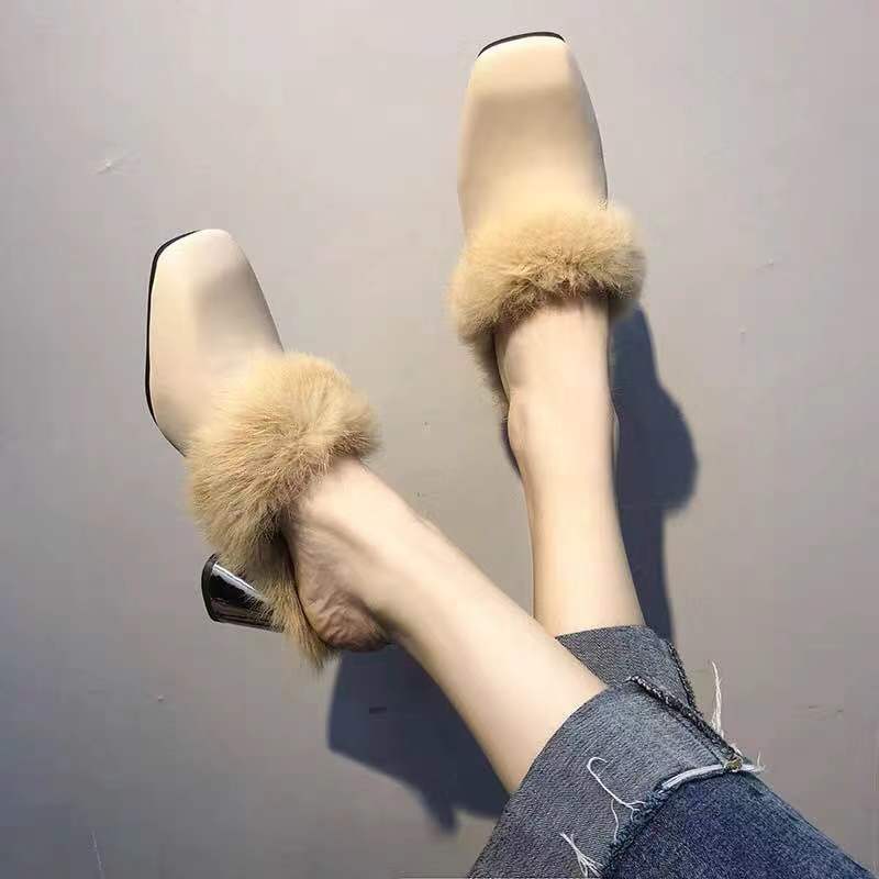 New furry half-drag single shoes women's outer wear square toe thick heel slippers Baotou all-match high heels