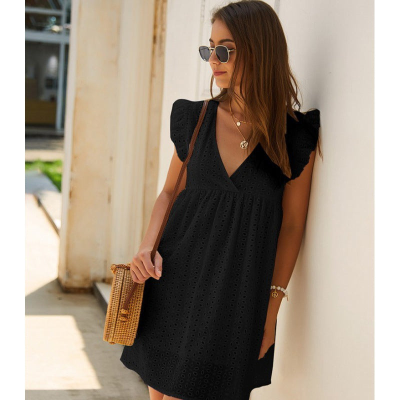 European and American V-neck short-sleeved lace dress