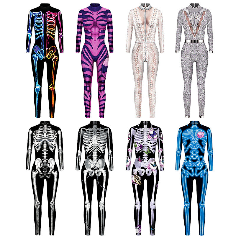 Skeleton 3D digital printing Halloween cosplay costumes women's tight-fitting long-sleeved jumpsuit