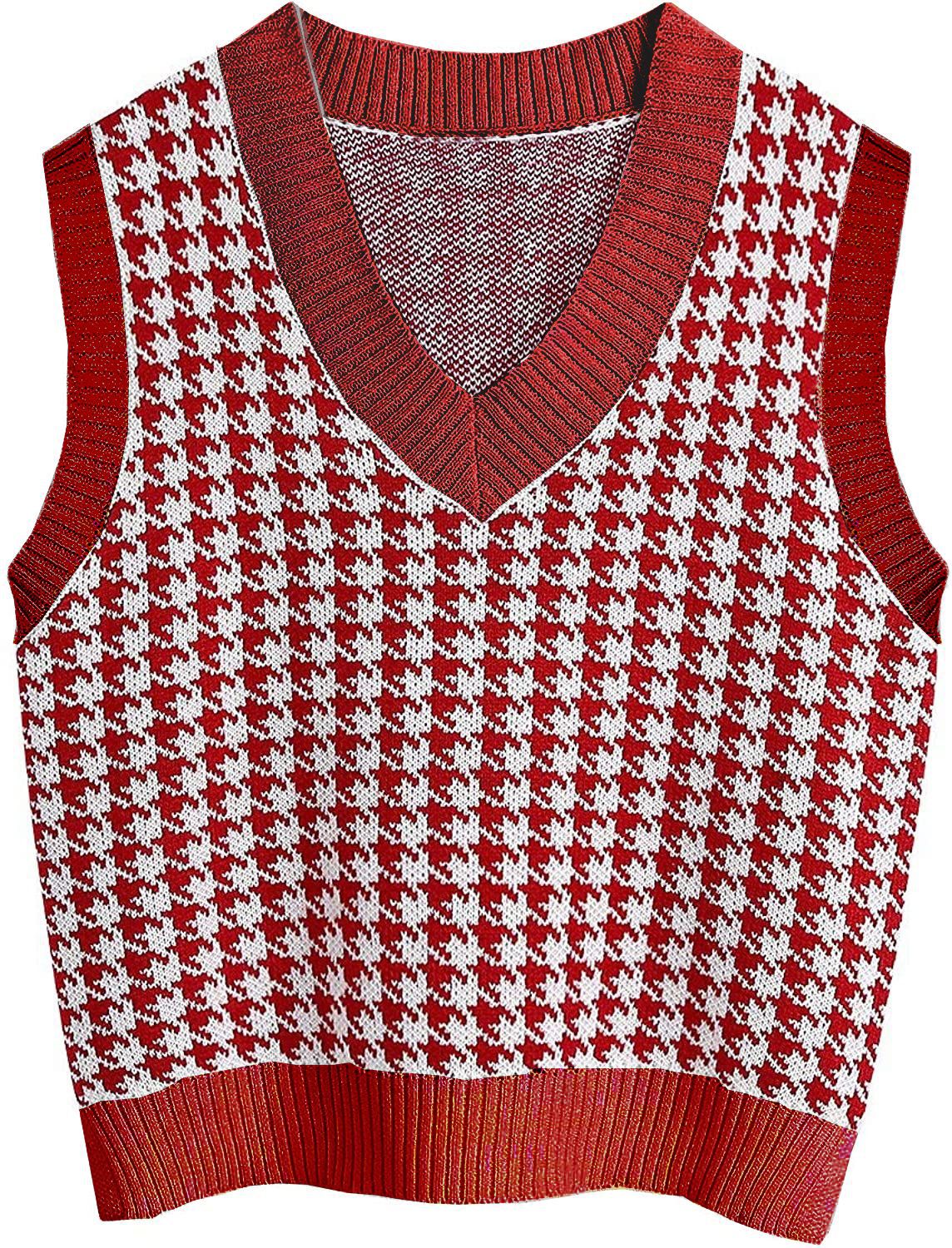 European and American women's clothing houndstooth knitted vest V-neck sleeveless pullover sweater