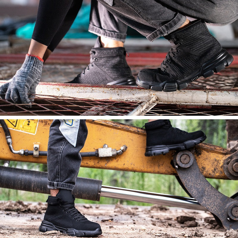 The new high-top lightweight and breathable work shoes fly-woven surface anti-smashing labor insurance shoes steel toe wear-resistant protective safety shoes high-density