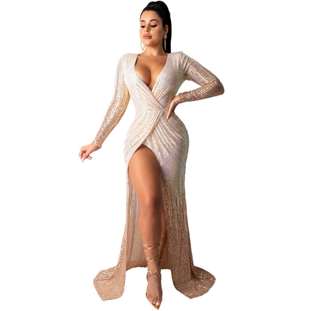 European and American dress sexy elegant long-sleeved high split nightclub dress