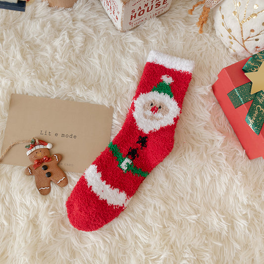 Cartoon deer medium tube Christmas socks cute gingerbread man thickened coral fleece wild warm sleep socks