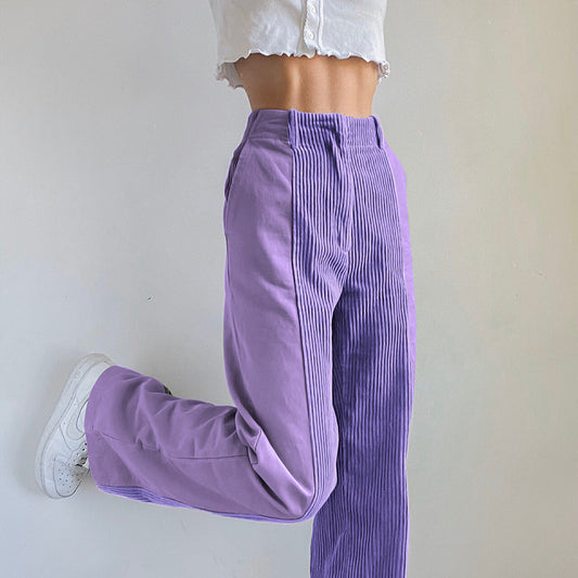 European and American new style women's straight leg pants loose color matching casual pants pure color corduroy pants