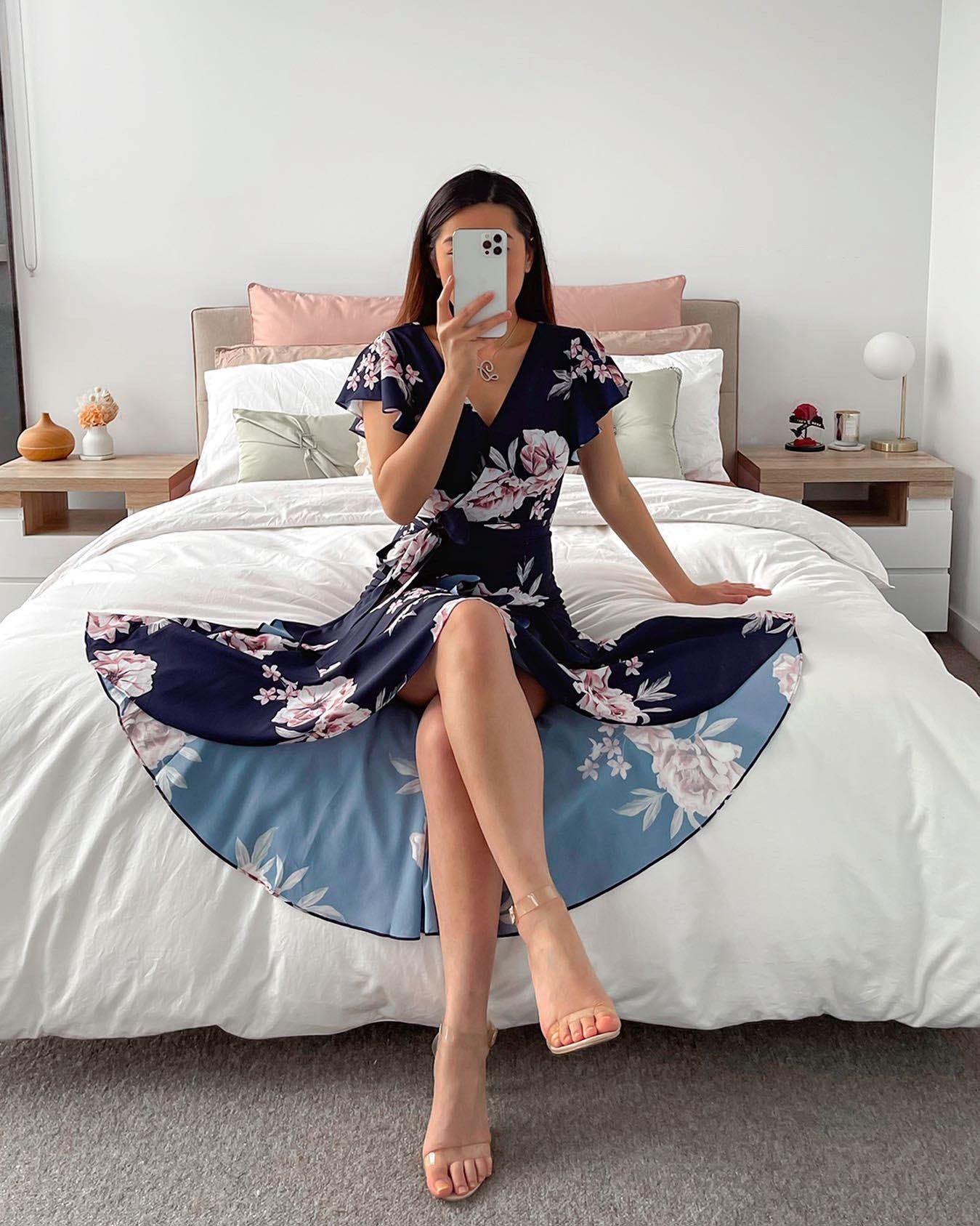 European and American casual temperament women's short-sleeved digital printing V-neck irregular skirt dress