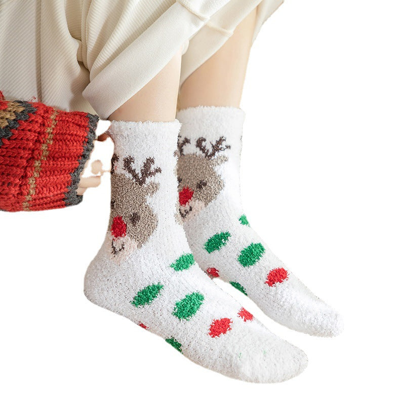 Cartoon deer medium tube Christmas socks cute gingerbread man thickened coral fleece wild warm sleep socks