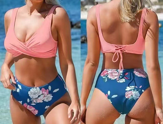 European and American Split Sexy Fashion Swimsuit Small Chest Gathered Split Seaside Swimsuit