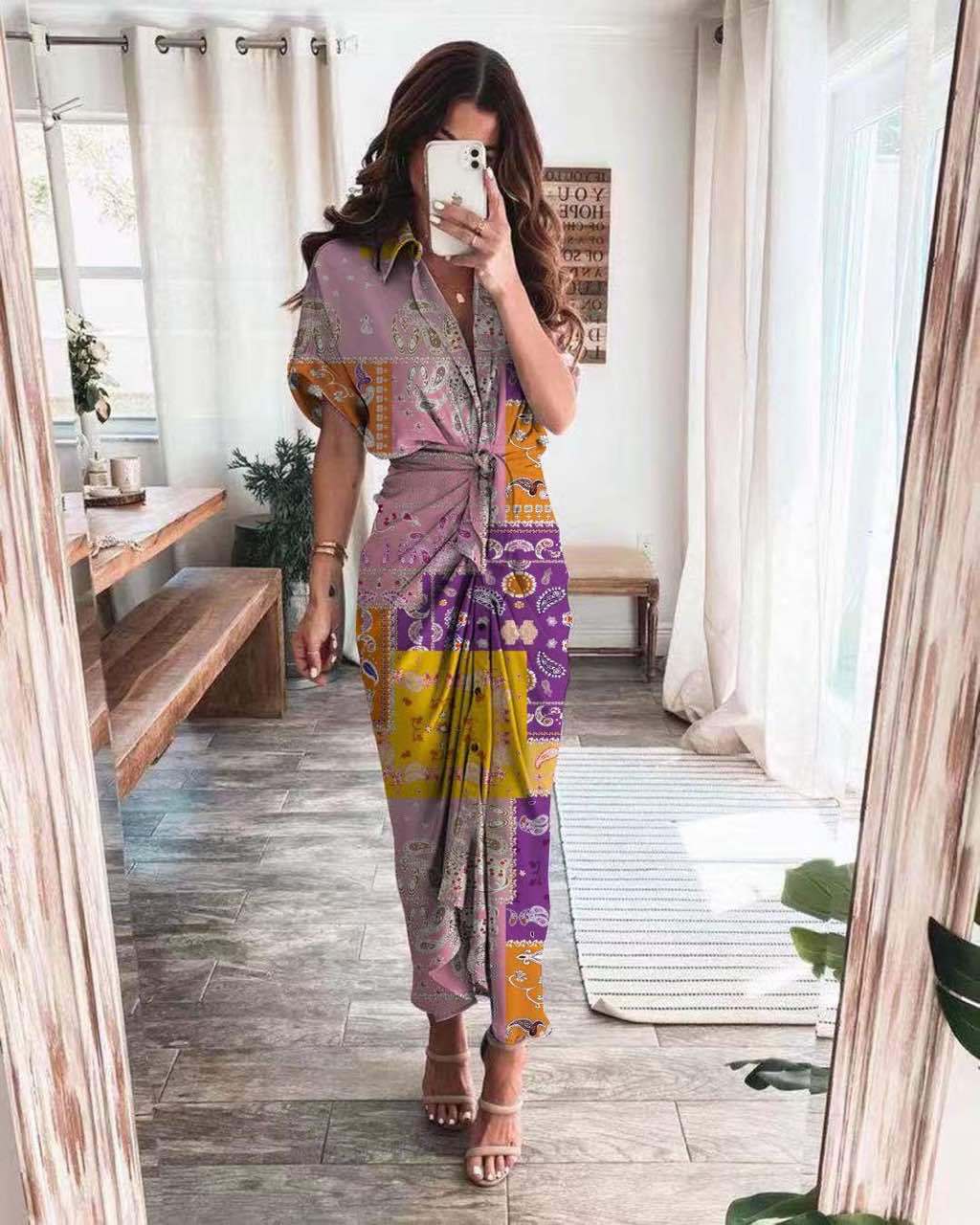 European and American shirt long skirt fashion printed dress