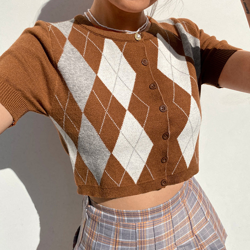 European and American cross-border contrast color plaid short cropped sexy slim-fit short-sleeved knitted cardigan T-shirt