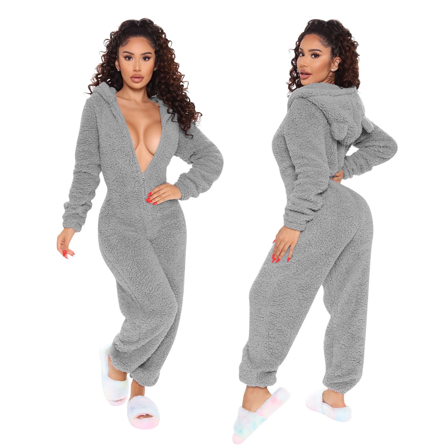 Cross-border new autumn and winter long-sleeved hooded casual jumpsuit trousers plush homewear pajamas cute jumpsuit