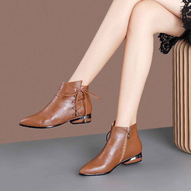 British short boots women's low-heeled flat Martin boots fleece short boots side zipper casual and nude pointed boots