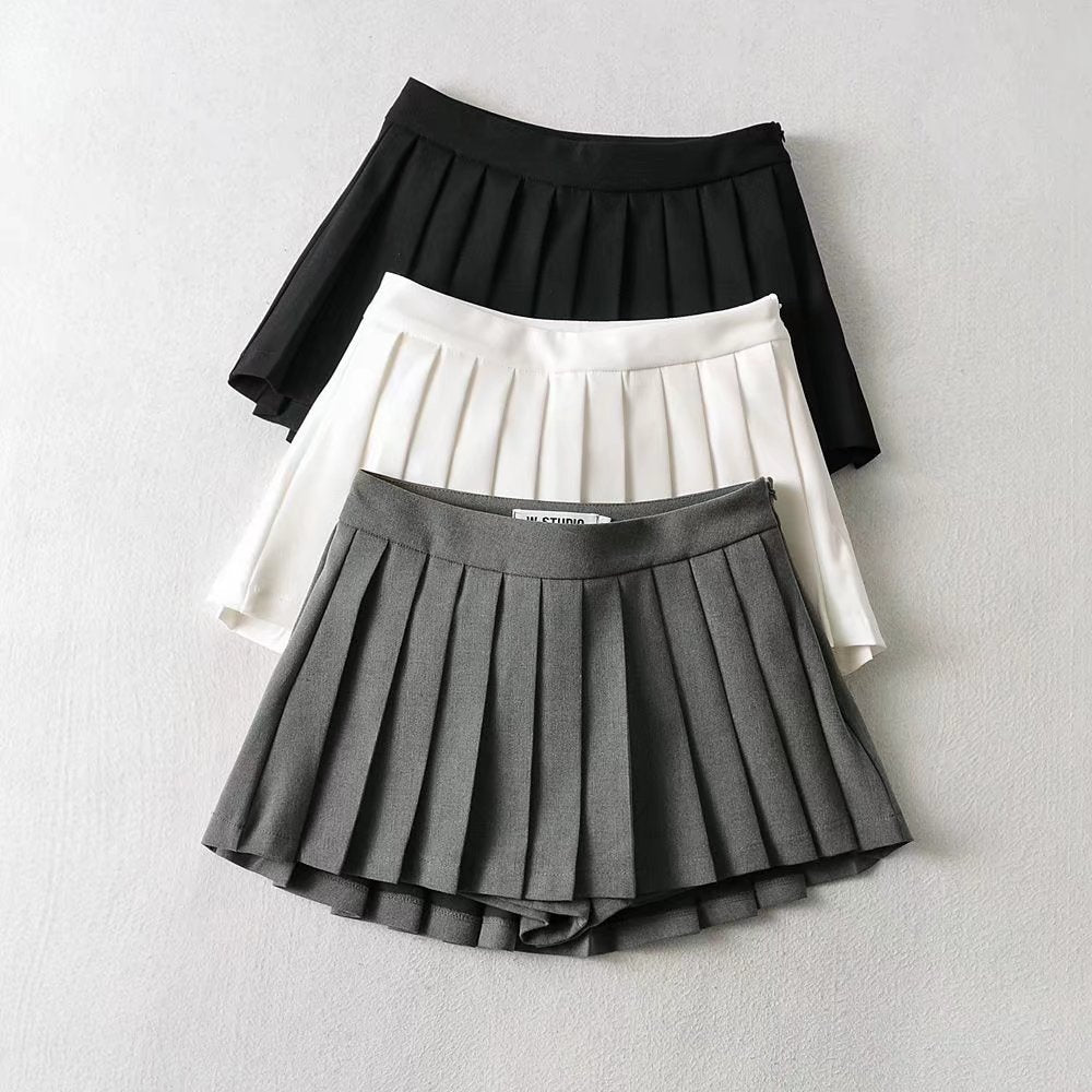 European and American style high-waisted front short back long anti-glare A-line pleated short skirt with lined umbrella skirt tennis skirt