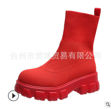 Plus velvet short boots women new medium tube thick-soled Martin boots women short tube net red boots